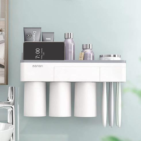 Magnetic Toothbrush Holder Wall Mount Electric Toothbrushes Slots Cosmetic Organizer and Drawer with Phone Holder