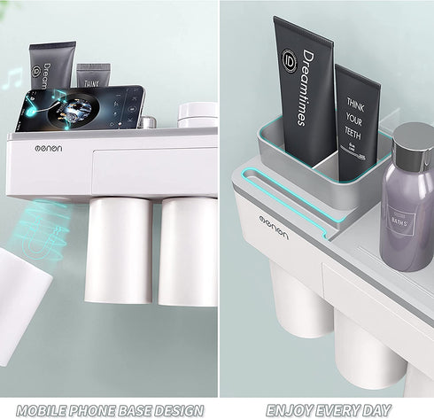 Magnetic Toothbrush Holder Wall Mount Electric Toothbrushes Slots Cosmetic Organizer and Drawer with Phone Holder