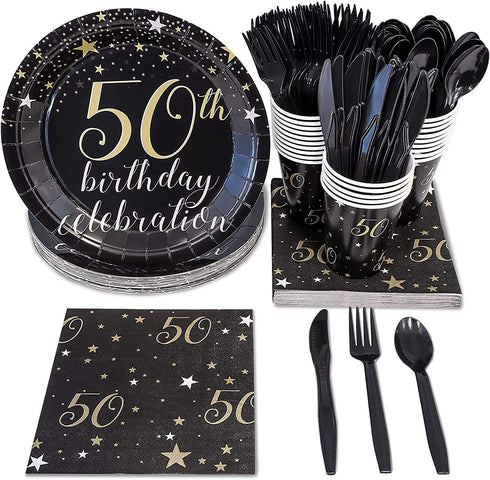 144 Pieces 50th Birthday Party Bundle, Includes Plates, Napkins, Cups, and Cutlery (24 Guests)