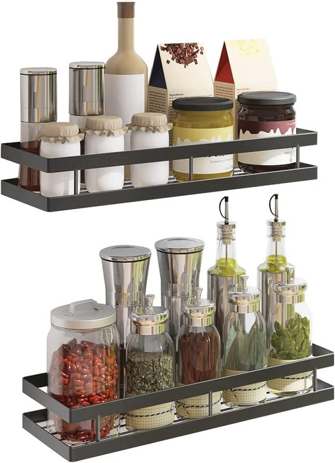 PINNIYOU Spice Rack Wall Mount Organizer, 14" Hanging Black Spice Organizer Shelf, Farmhouse Seasoning Organizer, Space-Saving Spice Shelves Holder for Kitchen, Flexible Bathroom Organizer(2 Pcs)