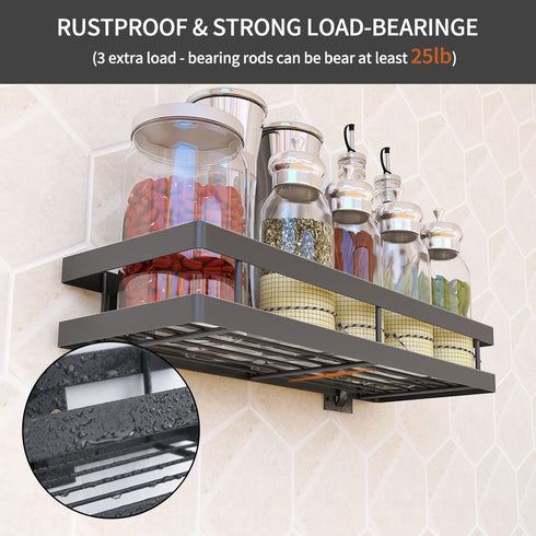 PINNIYOU Spice Rack Wall Mount Organizer, 14" Hanging Black Spice Organizer Shelf, Farmhouse Seasoning Organizer, Space-Saving Spice Shelves Holder for Kitchen, Flexible Bathroom Organizer(2 Pcs)