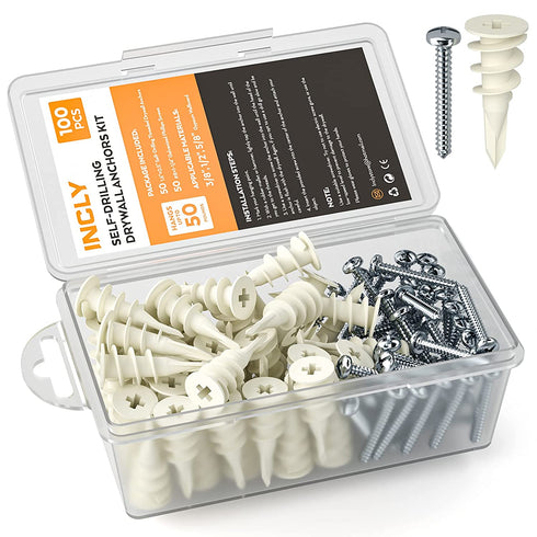 INCLY 100 PCS #8 Drywall Anchors Kit Self Drilling?50 Plastic Dry Wall Anchors and 50 Philips Screws Assortment for Hanging and Mounting with Case, Self Drilling Sheetrock Anchors