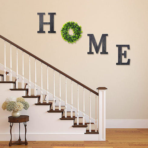Wooden Home Sign with Green Wreath Flower, Wall Hanging Decor 11.8 Inch Home Decorative Sign Rustic Wooden Letters Decor for Living Room Kitchen Entry Way Housewarming Decoration