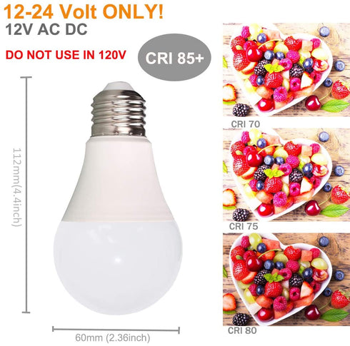 12V LED Light Bulb 7W 630Lm AC/DC 12-24Volt Low Voltage E26 Base (2700K Warm White)40-60 Watt A19 Bulbs Equivalent- Landscape Garden Yard, 12volt Battery Power System Off Grid Solar Lighting- 6 Pack