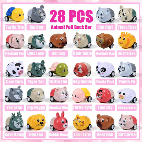 Kids Valentine Toy Cars Set, 28Pcs Animal Pull Back Cars Filled Hearts and Valentine Cards in 4 Colors for Kids Valentine Classroom Gift Exchange/Valentine Party Favors/Game Prizes/Carnivals Gift