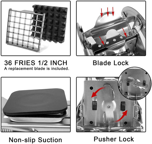 GKDOMS French Fries Cutter, Potato Slicer Stainless Steel Potato Vegetable Fruit Cutter Non-slip Suction Base French Fries Cutter Food Slicer, 1/2-Inch Blade Fries Maker for Potatoes Carrots Cucumbers