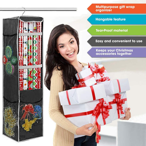 ProPik Holiday Hanging Wrapping Paper Storage Bag Organizer Swivel Hanger 360 Degree Multiple Mesh Pockets and Loops Holds Up to 25 Rolls 40 Inch Plus Space for Ribbons Bows and Gift Wrap (Black)