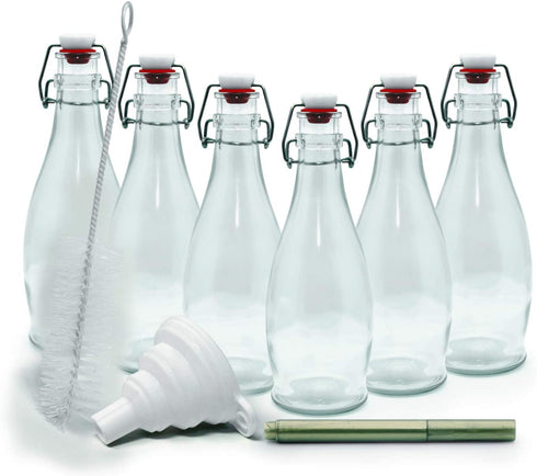 Mockins Set of 6 | 8.5 Oz. Glass Bottle Set with Swing Top Stoppers and Includes Bottle Brush , Funnel and Gold Glass Marker | Clear Glass Water Bottle