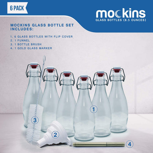 Mockins Set of 6 | 8.5 Oz. Glass Bottle Set with Swing Top Stoppers and Includes Bottle Brush , Funnel and Gold Glass Marker | Clear Glass Water Bottle