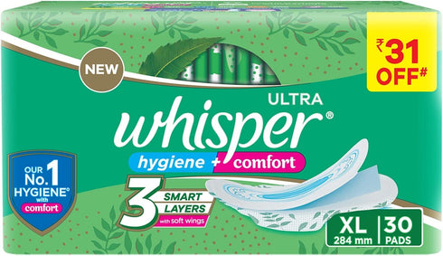 Whisper Ultra Clean Sanitary with Wings - 30 Pieces (XL)