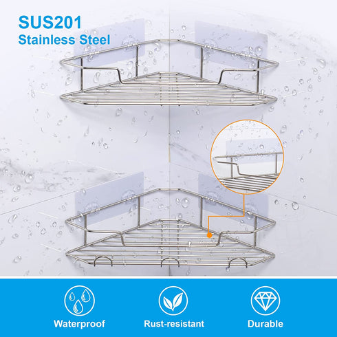 AmazerBath Corner Shower Caddy with Hooks, Adhesive Shower Shelf Stainless Steel, Shower Organizer Wall Mounted for Bathroom, Kitchen, Toilet, Chrome, 2 Pack