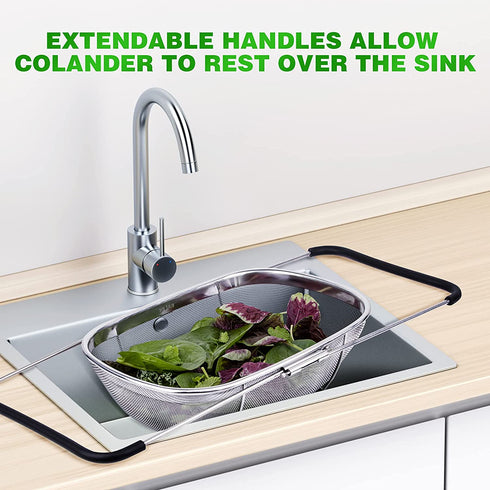 18/8 Stainless Steel Over The Sink Colander with Fine Mesh Strainer Basket & Expandable Rubber Grip Handles - Strain, Drain, Rinse Fruits, Vegetables