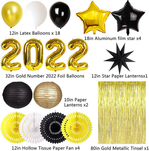 New Years Party Supplies, Graduation Party Decorations, Gold 2022 Balloons Latex Balloon Metallic Gold Fringe Curtain Paper Lanterns Paper Fans for Anniversary Grad New Years Eve Party (Black/Gold)