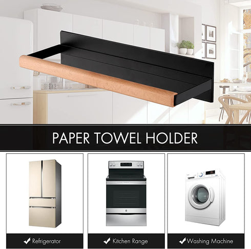 KES Magnetic Paper Towel Holder, Black Paper Towel Holder for Refrigerator, Wood & Metal Paper Towel Roll Holder, KPH502MA-BK