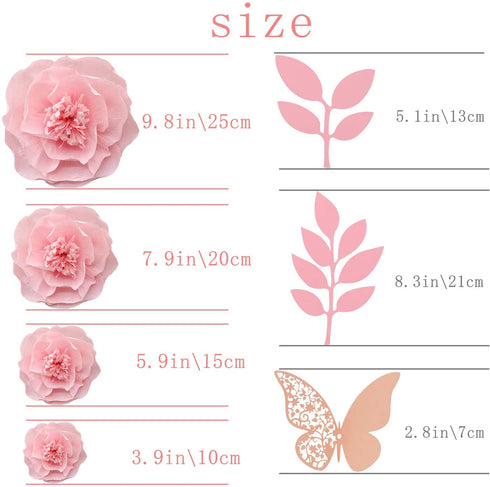 13 Pieces 3D Paper Flowers Pink White with Trees 10" 8" 6" 4" Craft DIY Large Wall Decorations Pom Pom Giant Backdrop Photo Booth Baby Shower Decor Centerpiece Wedding Birthday Party Craft Art
