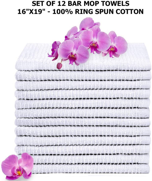 Talvania Bar Mop Towels 16?x19?, White Kitchen Bar Towel 12 Pack, 100% Cotton Ribbed Cleaning Cloths Rags, Super Absorbent Terry Multi-Purpose Bar Mops Shop Towels for Home Restaurant Commercial Use