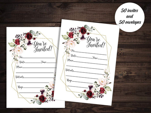 50 Elegant Floral Geometric Elegant Frame Invitation Burgundy Marsala Gold (Large Size 5x7) Weddings, Bridal or Baby Shower Invite, Birthday Invitation, Any Occasion (5X7 Large)