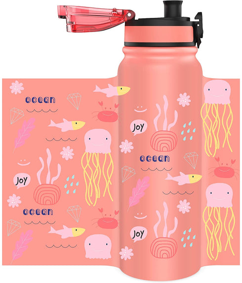 Fanhaw Water Bottles Stainless Steel Insulated Vacuum 20oz Water Bottle for Kids/Adults, 2 Lids Leak Proof Thicken Double Wall for Cold & Hot Beverages, BPA Free (Ocean)