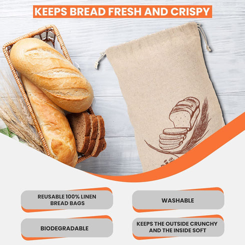 K&S Easy Shop Bread Bags for Homemade Bread Pack of 6 Linen Bread Bag for Bread, Vegetables, Fresh Bread Storage & Baguettes Storage 3 Small & 3 Large Bread Storage Bags Reusable Canvas Bags