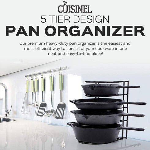 Heavy Duty Pan Organizer, 5 Tier Rack - Holds up to 50 LB - For Cast Iron Skillets, Griddles and Shallow Pots - Durable Steel Construction - Space Saving Kitchen Cabinet Storage - No Assembly Required
