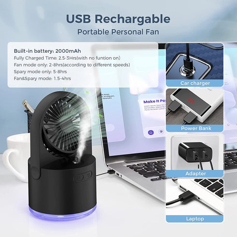 Cool Mist Air Diffuser, toberto 3 Speeds Rechargeable Portable Personal Mist USB Quiet Mini Fan Black