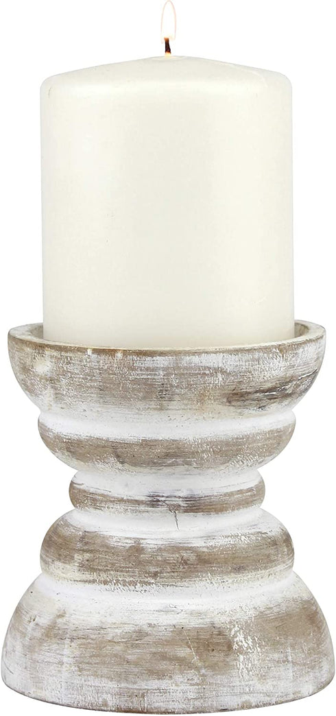 Stonebriar Antique White Wooden Pillar Candle Holder, Vintage Seaside Pillar Stand for Dining Table Centerpiece, Coffee Table, Mantel, Or Any Table Top, Small