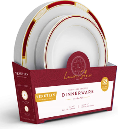 Laura Stein Designer Dinnerware Set | 32 Disposable Plastic Party Plates | Plates with Burgandy Rim & Gold Accents | Includes 16 x 10.75" Dinner Plates + 16 x 7.5? Salad Plates | Venetian