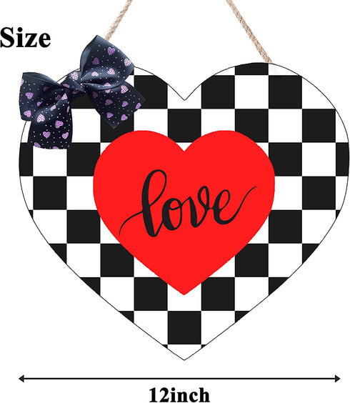 CYNOSA Valentines Day Door Sign Front Door Decorations Black and White Buffalo Plaid Heart Love Hanging Sign Printed Wooden Door Hanger Wreath Outdoor Wall Decor