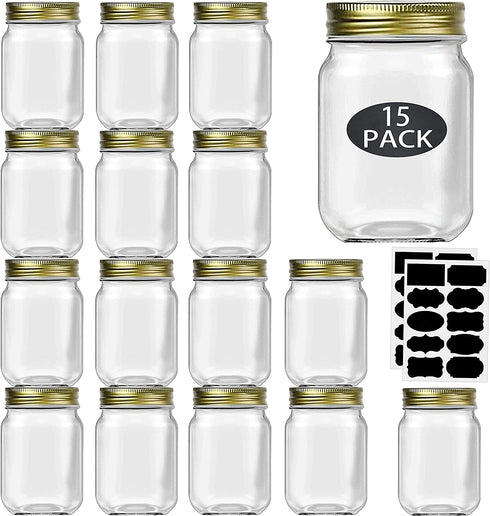 16 oz Mason Jars With Lids Regular Mouth 15 Pack-16 oz Glass Jars with Lids,Bulk Pint Clear Glass Jars For Meal Prep, Food Storage With 20 Labels (Gold Lids)