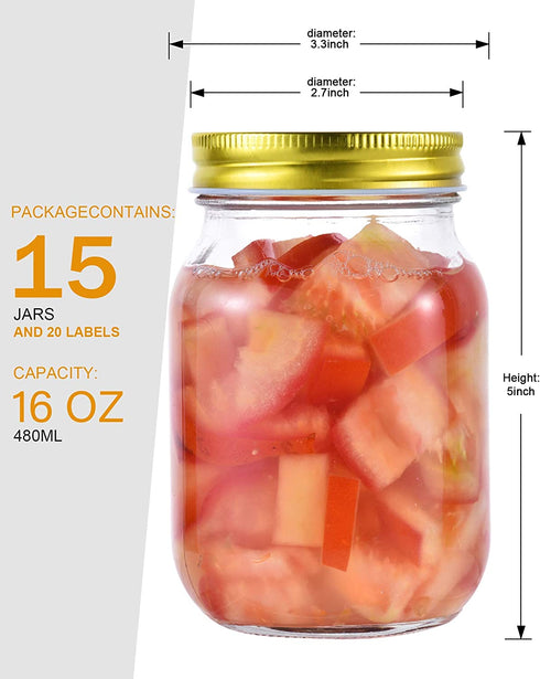 16 oz Mason Jars With Lids Regular Mouth 15 Pack-16 oz Glass Jars with Lids,Bulk Pint Clear Glass Jars For Meal Prep, Food Storage With 20 Labels (Gold Lids)