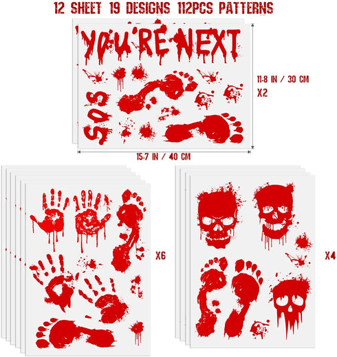 Halloween Decorations 112PCS Halloween Window Clings, 12 Sheets Bloody Handprint Footprint Skull Blood Decor Floor Clings, Spooky Window Stickers Decal for Haunted House Halloween Party Decorations