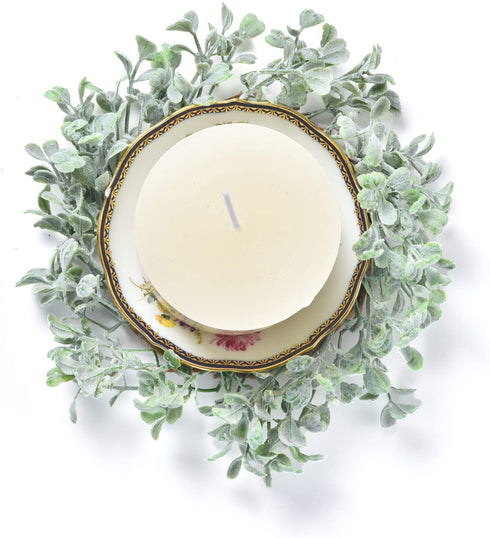 Feirui Pillar Candle Rings Set of 3, Frosted Boxwood Round Wreath Artificial Wreath Green Leaves Wreath Christmas Holiday Parties and Home Decor