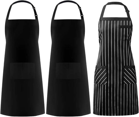 Syntus 2 Pack Waterdrop Resistant Bib Apron with 2 Pockets & 1 Pack 100% Polyester Yarn Dyed Apron with 3 Pockets
