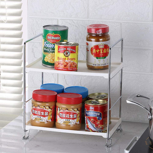 KINGBERWI 2-Tier Standing Storage Shelf Kitchen Bathroom Countertop Stackable Organizer Spice Rack Holder, Silver
