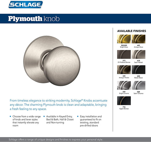 Schlage F40 PLY 605 Plymouth Door Knob, Bed & Bath Privacy Lock, Bright Brass