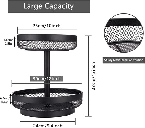 IBERG 2 Tier Fruit Basket Mesh Fruit Bowl - Basket Stand for Fruits Vegetables Bread Snacks (Black)