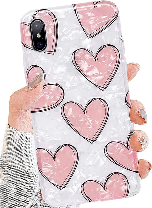 J.west iPhone XR Case 6.1-inch Luxury Cute Pink Heart Design Sparkle Translucent Pearly-Lustre Love Pattern Print Flexible Slim Soft Silicone Rubber Protective Phone Case Cover for Girls Women