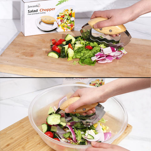 Jawanfu Hand Salad Chopper, Double Blade Sharp Mezzaluna Chopper with Protective Covers, Wooden Handle Mincer Knife, Metal Vegetable Chopper for Chopped Salad (Black)