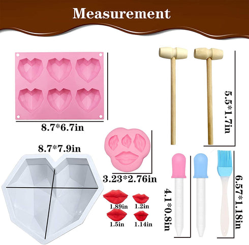 Chocolate Molds Heart Molds Set, Breakable Heart Mold 8.7inch Diamond Heart Mousse Cake Silicone Smash Molds for Baking for Valentine's Day, Birthdays, Mother's Day, Father's Day, Party (White, 62pcs)