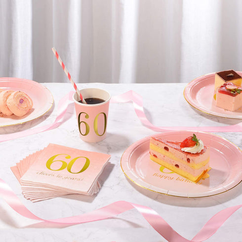 60th Birthday Decorations for women Party Supplies Napkins,Cups,Plates,Straws - 24 Sets