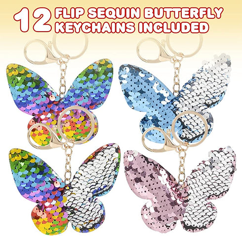 ArtCreativity Flip Sequin Butterfly Keychain, Pack of 12, Double-Sided Butterfly Shape Key Chain Charms for Backpacks, Purses, Luggage, Birthday Party Favors, Goodie Bag Fillers for Kids