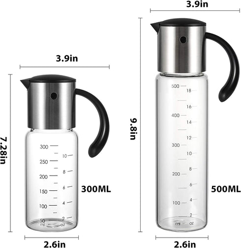 Extra Large Olive Oil Dispenser Bottle - Auto Flip Condiment Container With Automatic Cap and Stopper - Leakproof Vinegar Glass Cruet (300 ml and 500 ml a set)