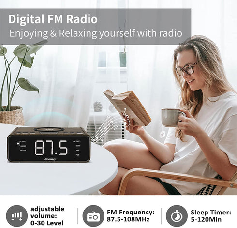 REACHER Alarm Clock Radio with Wireless Charging & USB Charger, Large LED Dimmable Display, 2 Wake Up Sounds, Adjustable Volume, FM Radio, Sleep Timer, Battery Backup for Bedroom, Office (Wood Grain)