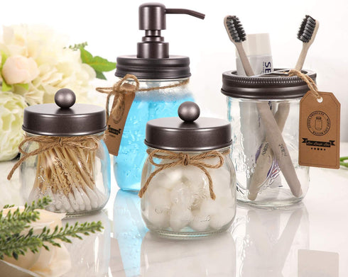 Mason Jar Bathroom Accessories Set 4 - Bronze - Mason Jar Soap Dispenser & 2 Apothecary Jars & Toothbrush Holder - Rustic Farmhouse Restroom, Bathroom Home Decor Clearance, Countertop Vanity Organizer