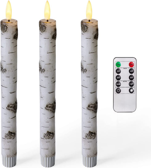 Homemory 3 Pcs Birch LED Taper Candles with Timer, Real Wax Battery Operated Window Candles with Remote, 9.6 Inches Flameless Flickering Candlesticks for Fireplace Christmas Halloween Wedding