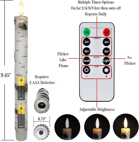 Homemory 3 Pcs Birch LED Taper Candles with Timer, Real Wax Battery Operated Window Candles with Remote, 9.6 Inches Flameless Flickering Candlesticks for Fireplace Christmas Halloween Wedding