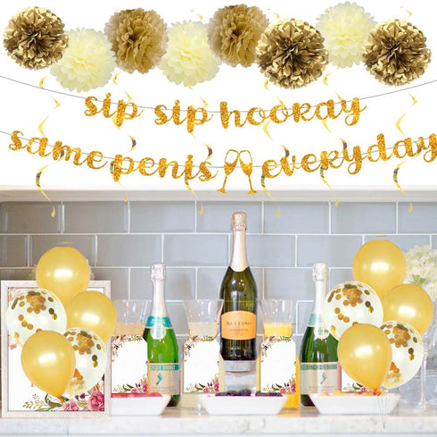 MEYSIMOON Bachelorette Party Decorations Kit Bridal Shower Supplies Gold Kit Ring Balloons,Gold Glitter Sip Sip Banner,Swirl,Paper Pom Poms,Bride to Be Sash for Hens Party Decoration