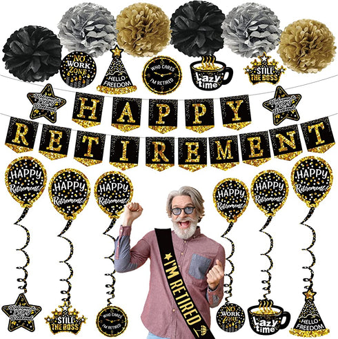 retirement party decorations banner gifts - (22pack) happy retirement gold banner, 6 paper Poms, 6 Hanging Swirl, 7 decorations stickers. retirement sash for men and women (GOLD BANNER)