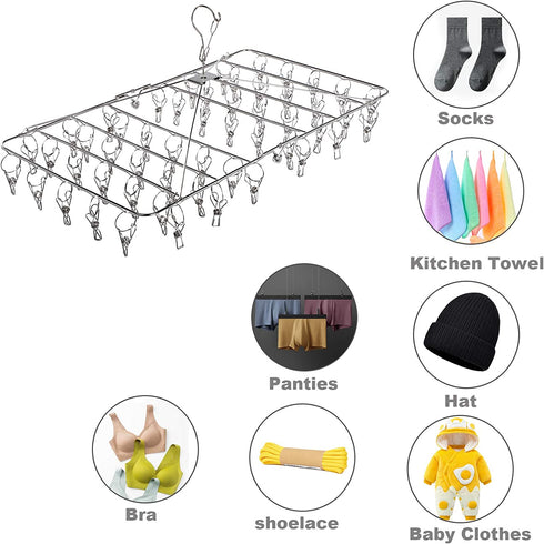 Stainless Steel Folding Clothes Drying Racks Laundry Drip Hanger Laundry Clothesline Hanging Rack Swivel Windproof Hook for Sock Set of 52 Metal Clothespins