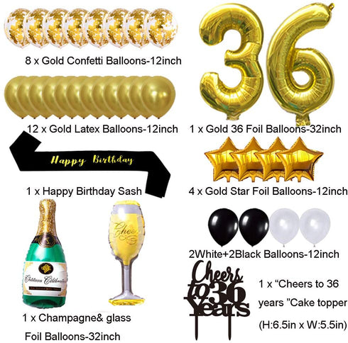 Gold 36th Birthday Decorations Kit, Cheers To 36 Years Banner Balloons,36th Cake Topper Birthday Sash, Gold Tinsel Foil Fringe Curtains, for 36 Birthday&Anniversary Decorations